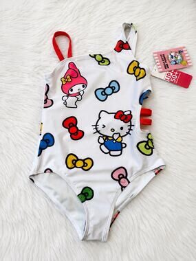 Hello Kitty And Friends Sanrio One-Piece Swimsuit Girls White M 7/8 NWT SPF 50+